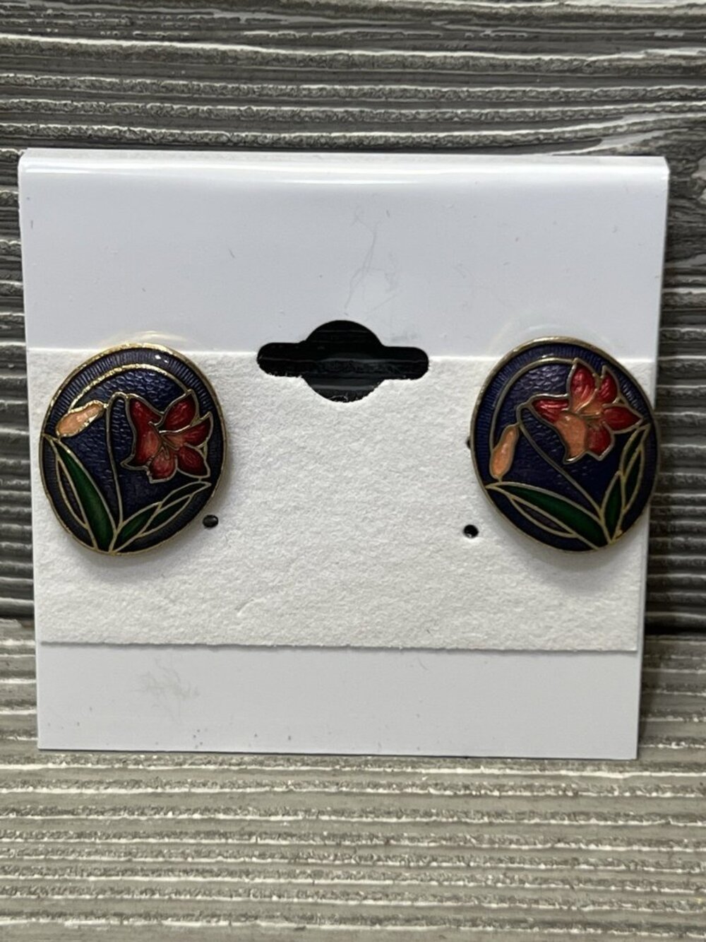 Vintage Cloisonne Earrings Oval Lily Floral Pierced Posts Purple Red .75”